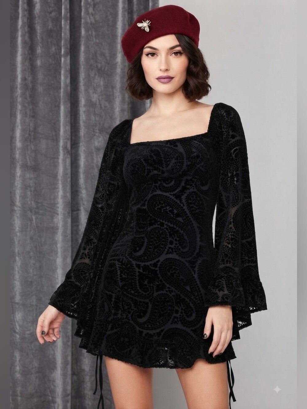 Current Mood Black Velvet Paisley Lace Bell-Sleeve Mini Dress